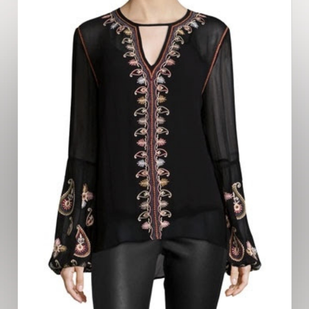 Love Sam Paisley-Embroidered Long-Sleeve Top, Black (M)